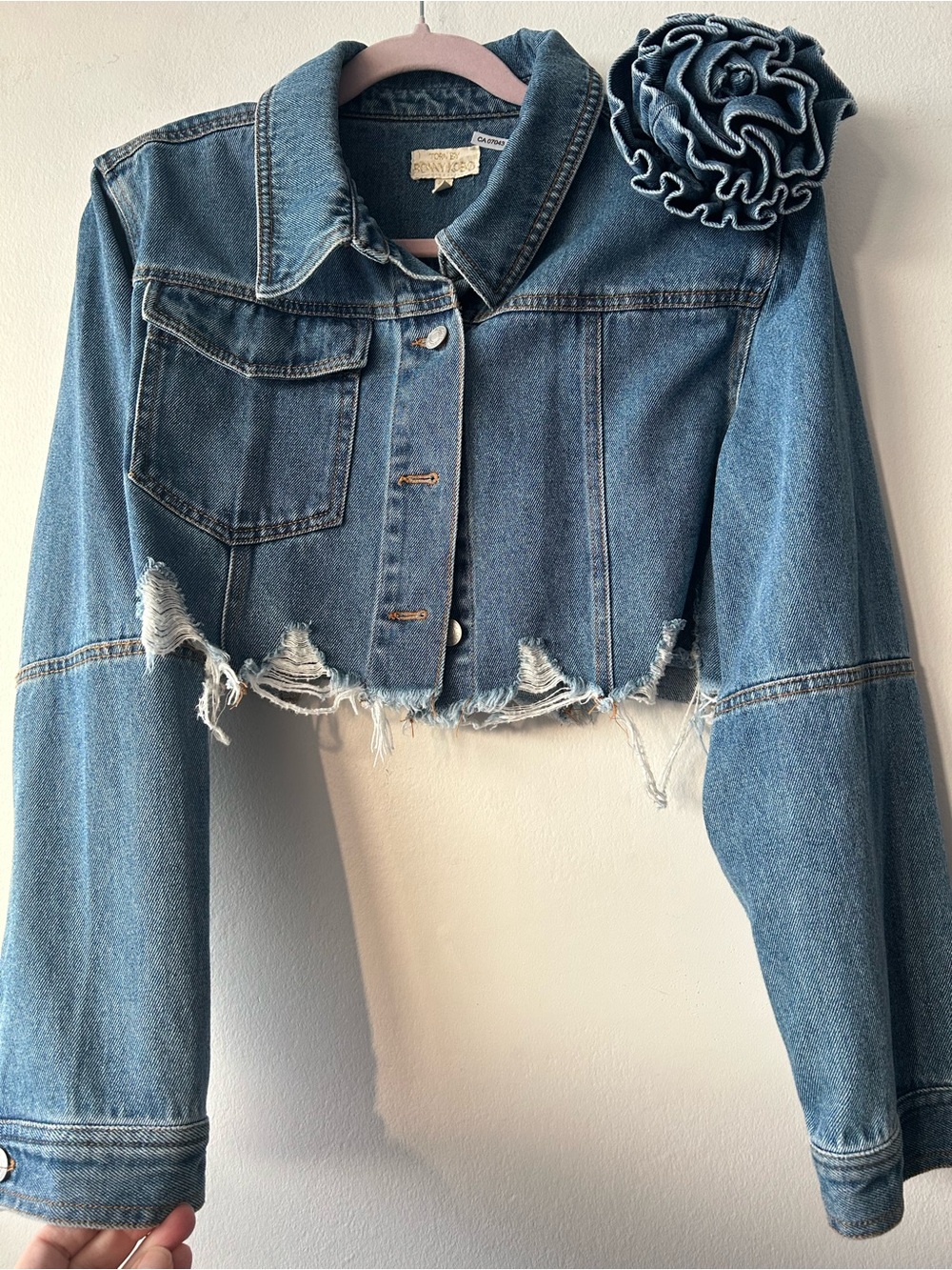 Torn by Ronny Kobo Cropped Distressed Denim Jacket - Blue